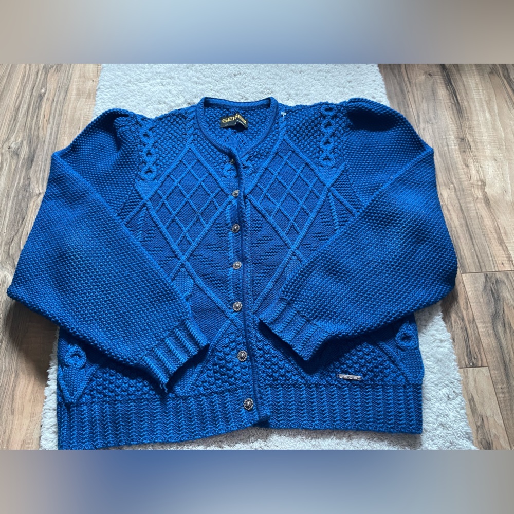 Geiger Austria Pure Wool Jacket Cardigan Women's Sz 42 Blue Button down Sweater